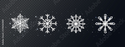 Silver glitter snowflakes set on transparent background. Shining Christmas design with sparkles and stars. Winter holiday luxury decoration for cards, invitation, poster, banner. Vector illustration photo