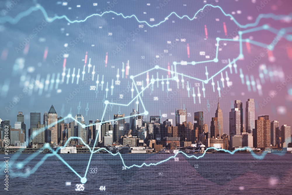 Forex chart on cityscape with skyscrapers wallpaper double exposure. Financial research concept. Forex chart on cityscape with skyscrapers wallpaper double exposure. Financial research concept.