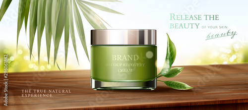 Green tea skincare cream jar ads