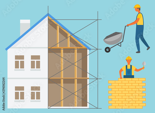 House construction zone, builder going with truck, worker holding putty knife and laying bricks. Building wall and renovation build, engineering vector