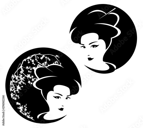beautiful japanese geisha woman and blooming sakyra branches - beauty portrait black and white vector circle design