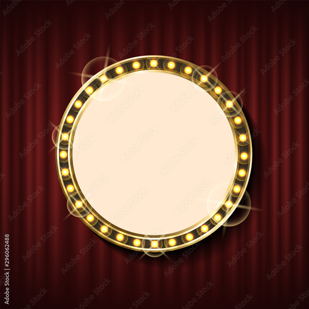 Round banner with spare place for text, advertisement billboard with light bulbs and sparkles. Vector luxury opera border with empty circle, add your info Round banner with spare place for text, advertisement billboard with light bulbs and sparkles. Vector luxury opera border with empty circle, add your info
