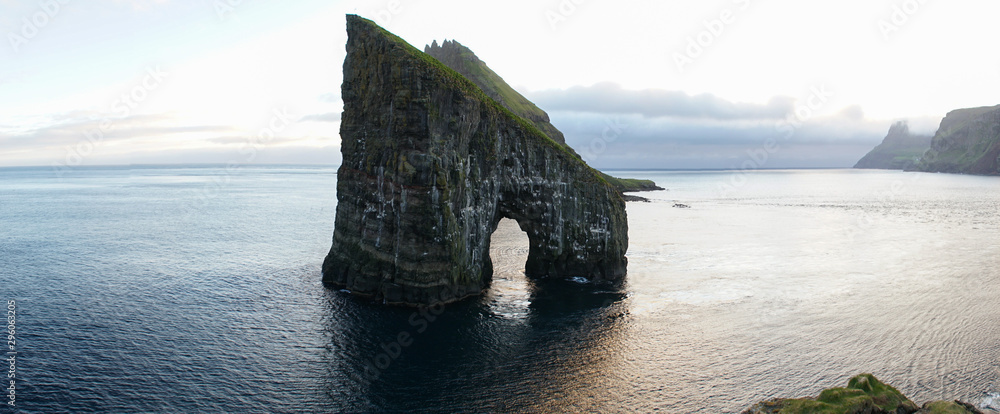 Drangarnir Sea Stack Rock in the Atlantic ocean on Vágar Island, Faroe Islands.