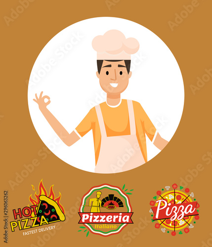Pizzeria logotypes and man chef wearing hat vector. Person cooking and baking tasty food with cheese and mushrooms, tomato and spices, pastime of male