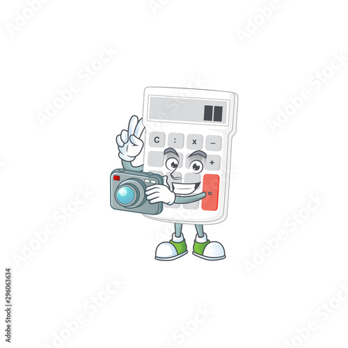 Photographer white calculator in the character mascot