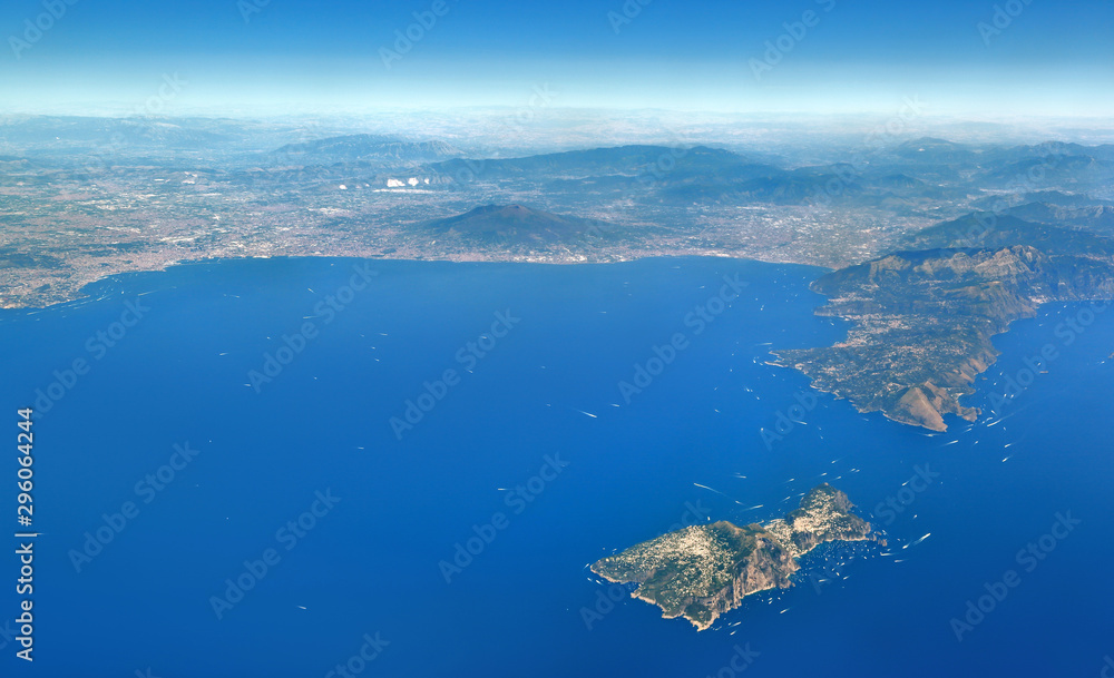 Aerial view of the Bay of Naples showing Mount Vesuvius, the Sorrento Peninsula and the Island of Capri.