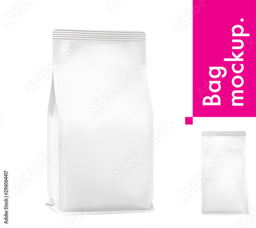 Realistic food bags isolated on white background. Front, isometric view. Vector illustration. Can be use for template your design, presentation, promo, ad. EPS 10.	