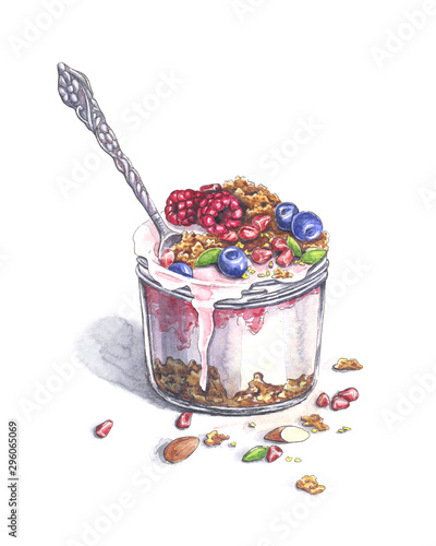 Watercolor illustration of granola with yogurt and fresh berries. 