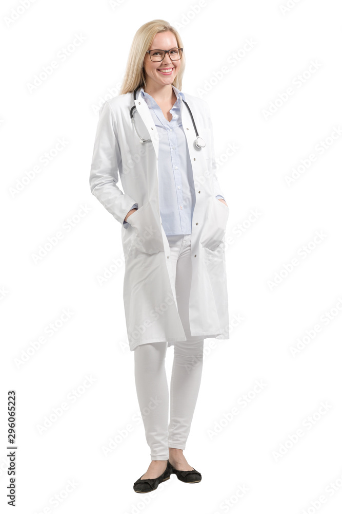 young female doctor in doctor's overall with stethoscope cutout young female doctor in doctor's overall with stethoscope cutout