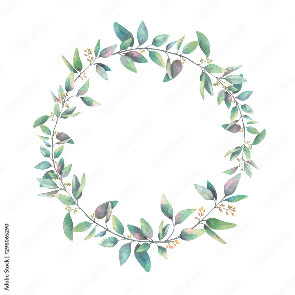 Watercolor wreath of branches with green leaves. Floral hand painted border isolated on white background.