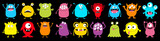 Happy Halloween. Monster colorful round silhouette icon super big set line. Cute cartoon kawaii scary funny baby character. Eyes, tongue, tooth fang, hands up. Black background. Flat design.