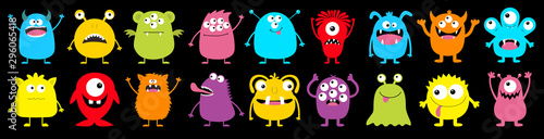 Happy Halloween. Monster colorful round silhouette icon super big set line. Cute cartoon kawaii scary funny baby character. Eyes, tongue, tooth fang, hands up. Black background. Flat design.