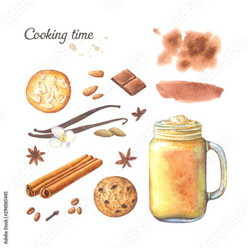 Set of spices, cookies, coctail and watercolor spots. Watercolor illustration isolated on white background.