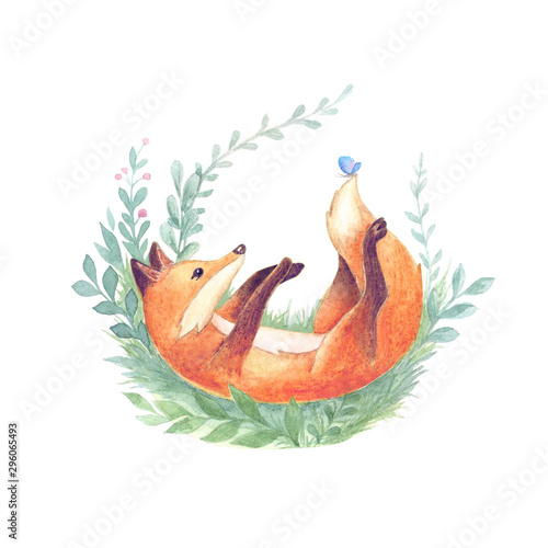 Hand drawn watercolor red fox on colorful background illustration