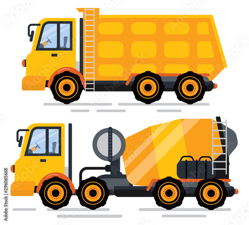 Truck machinery for building and construction vector, isolated machines. Van with container and cement mixer, assistance in working process flat style