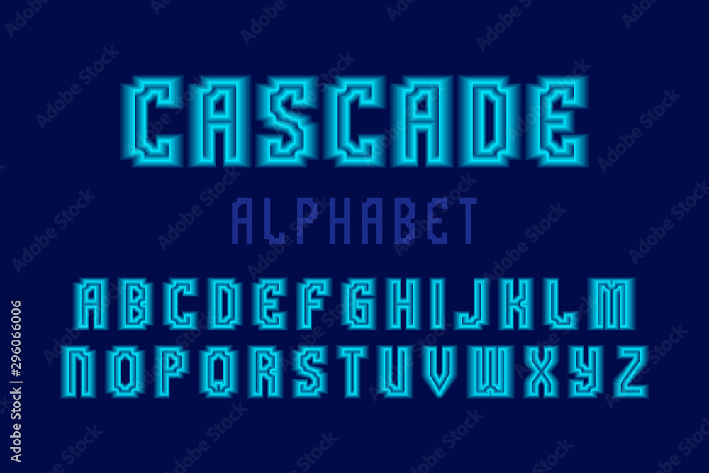 Cascade alphabet with blue neon glow. Luminous 3d font. Isolated english alphabet. Cascade alphabet with blue neon glow. Luminous 3d font. Isolated english alphabet.
