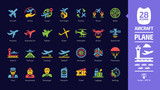 Aircraft color icon set in dark mode with flight plane glyph symbols: airplane, business jet, airport, fly aeroplane, commercial aviation, travel air, military fighter, airline, cargo aero transport.