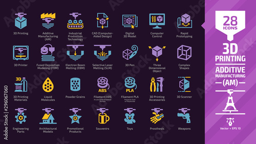 3D printing color icon set in dark mode with additive manufacturing (AM) print technology glyph symbols: printer machine, digital computer cad prototype, plastic cube model, materials, accessories.