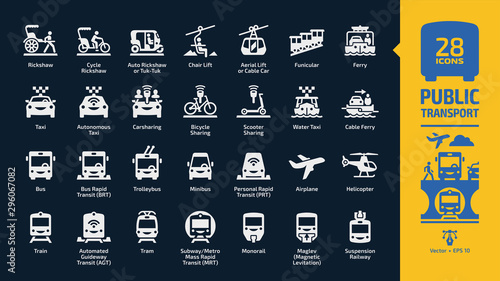 Public transport icon set in dark mode with passenger vehicles glyph symbols: tuk-tuk, cable car, autonomous & water taxi, carsharing, bicycle & scooter sharing, ferry, bus rapid transit (BRT).