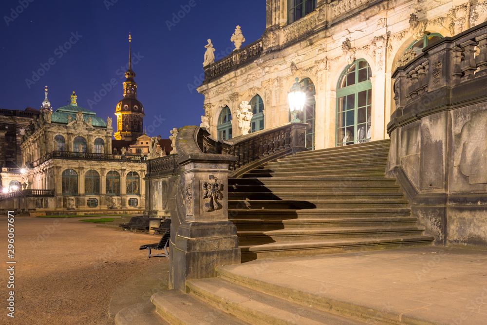 Beautiful architecture of the Zwinger palace in Dresden ad dusk, Saxony. Germany