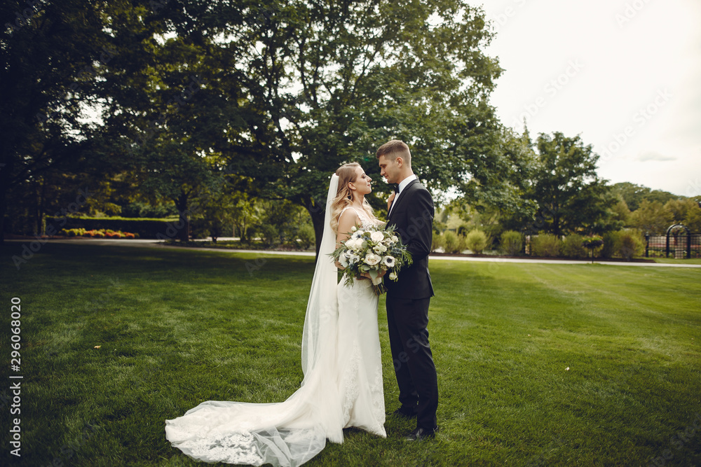 Beautiful bride in a long white dress. Handsome groom in a black suit. Couple in a summer park Beautiful bride in a long white dress. Handsome groom in a black suit. Couple in a summer park