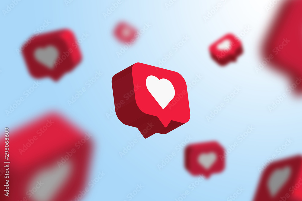 Red social media notification like icon falling . Follow, comment, like icon. - 3D Rendering  - obrazy, fototapety, plakaty 