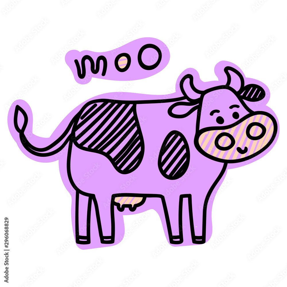 Vector illustration, line cartoon sketched standing spotted cow. Hand drawn, isolated, in violet colors. With Vector illustration, line cartoon sketched standing spotted cow. Hand drawn, isolated, in violet colors. With
