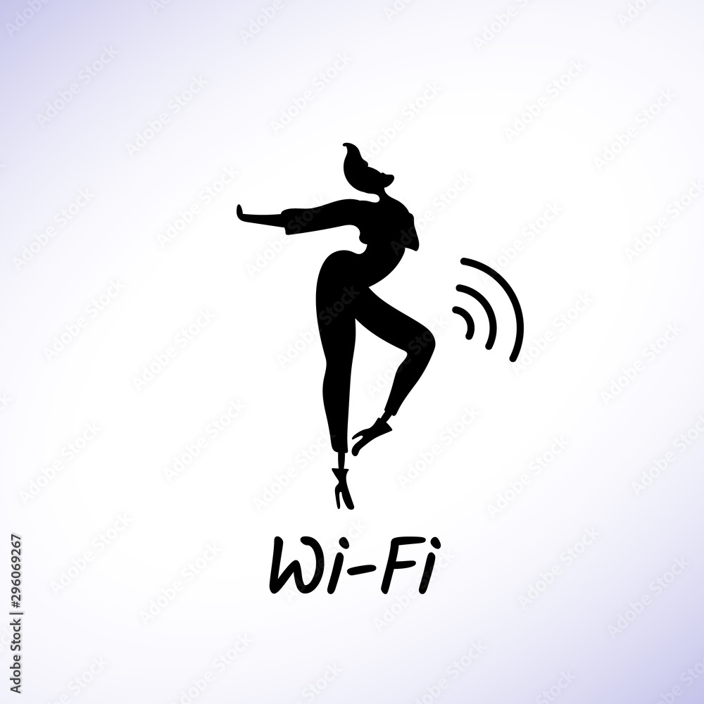 Vector illustration, trendy gay man on heels with Wi-Fi text. Black isolated silhouette. Applicable for LGBT (LGBTQ), transgender concepts, places advertisement, posters, flyers, stickers.