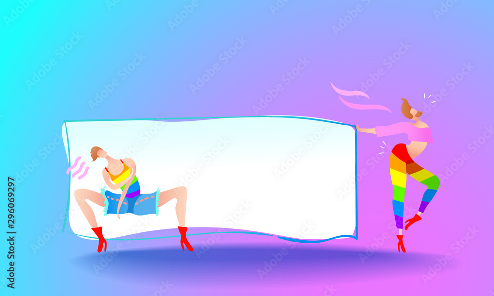 Vector colorful illustration, trendy gay men on heels with an empty table for your text. Flat cartoon style, neon background. Applicable for LGBT (LGBTQ), transgender rights concepts, etc.
