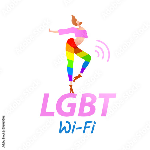 Vector colorful illustration, trendy gay man on heels with LGBT Wi-Fi text. Flat cartoon style, isolated. Applicable for LGBT, transgender concepts, places advertisement, posters, flyers.