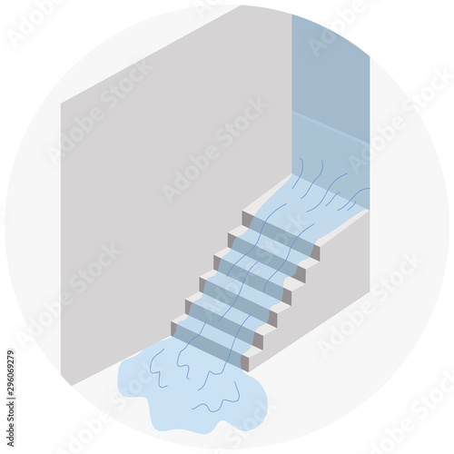 階段から地下に流れる洪水のイラスト