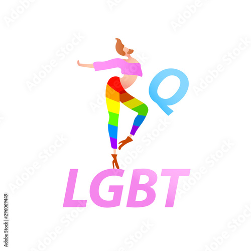 Vector colorful illustration, trendy gay man on heels with LGBTQ text. Flat cartoon style, isolated. Applicable for LGBT, transgender rights concepts, logos, flyers, etc.