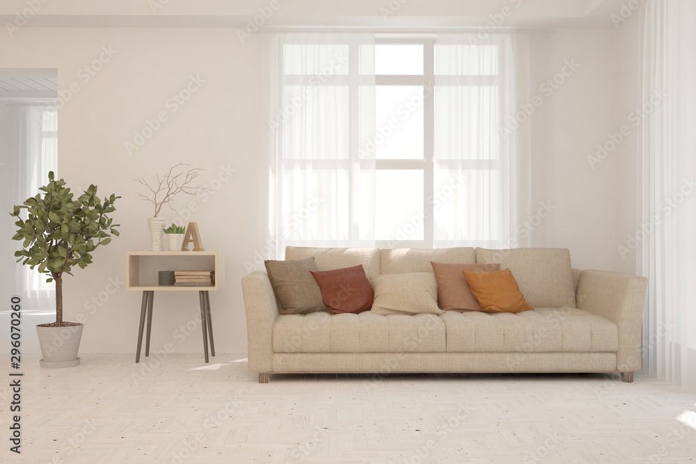 Fototapeta premium Stylish room in white color with sofa, modern table and home plant. Scandinavian interior design. 3D illustration
