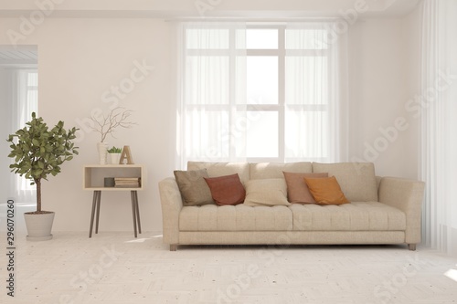 Stylish room in white color with sofa, modern table and home plant. Scandinavian interior design. 3D illustration