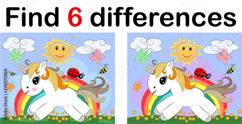 Find differences, education game for children. Fairy ponies and rainbow