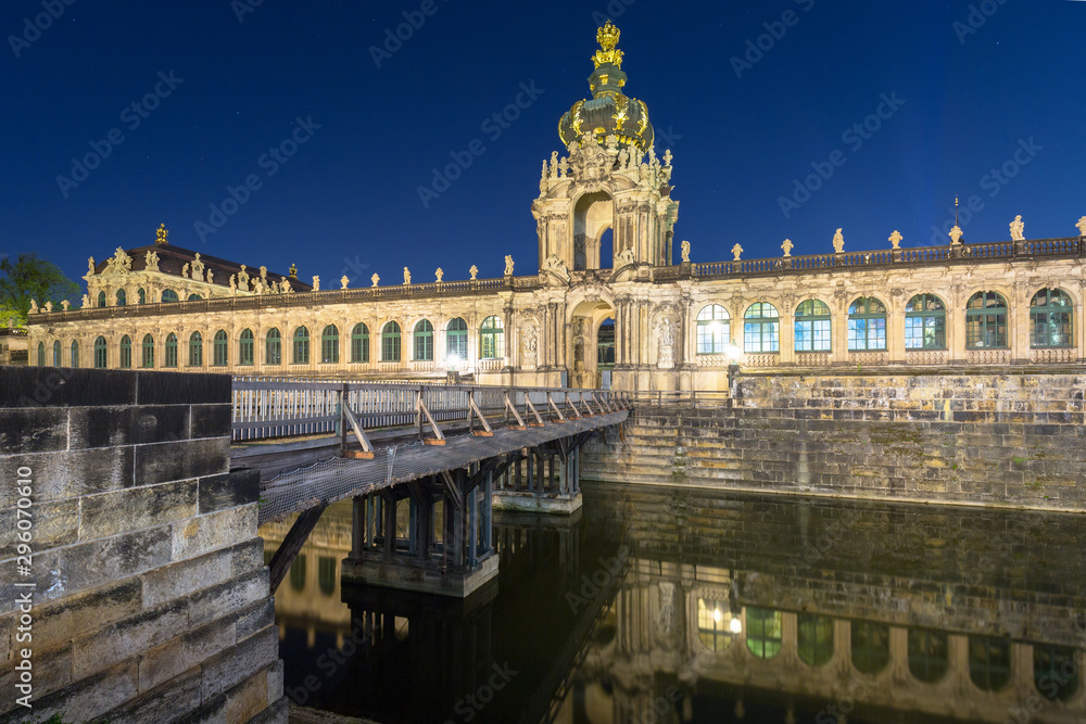 Beautiful architecture of the Zwinger palace in Dresden at night, Saxony. Germany