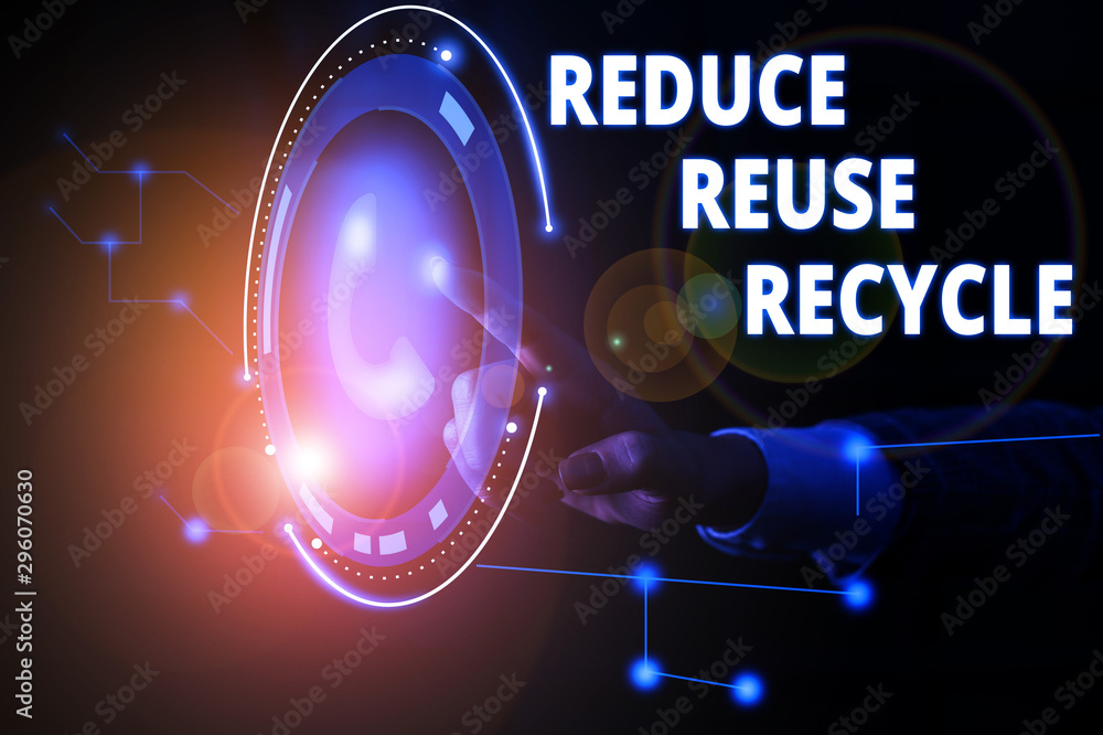 Handwriting text Reduce Reuse Recycle. Conceptual photo environmentallyresponsible consumer behavior Lady presenting hand blue glow futuristic modern technology tech look contact