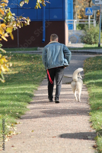 young man walking his dog
