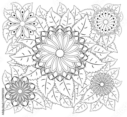 Fantasy flowers coloring page. Hand drawn doodle. Floral patterned illustration. African, indian, totem, tribal, zentangle design. Sketch