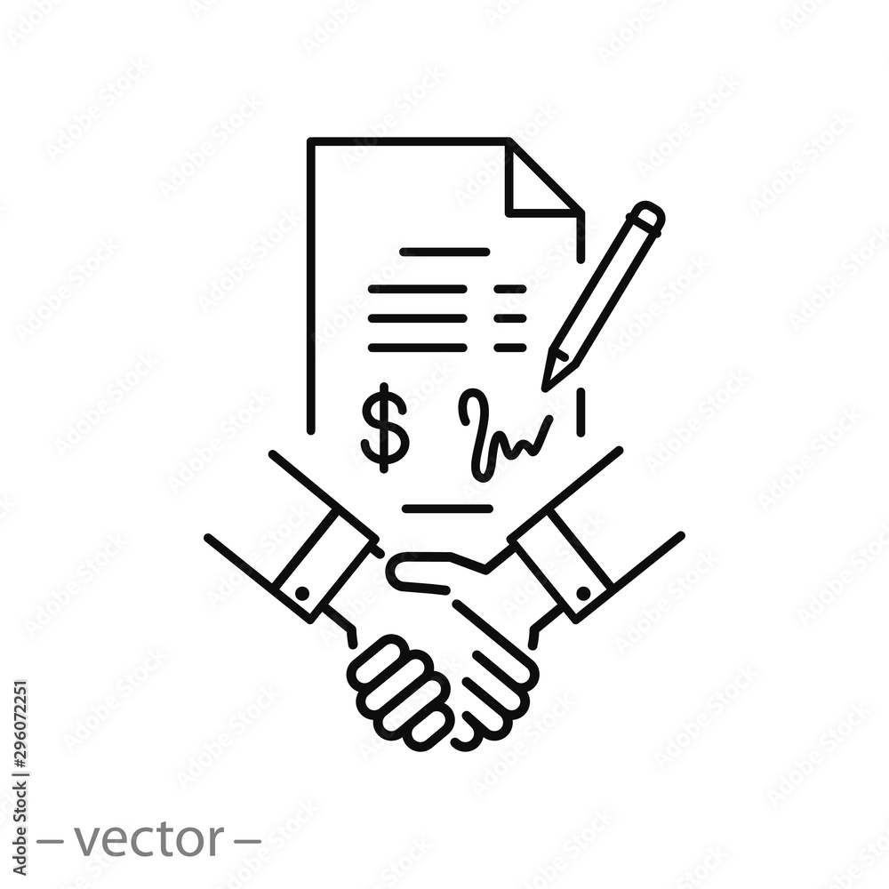 business meeting icon, money agreement, handshake, thin line web symbol on white background - editable stroke vector illustration eps 10
