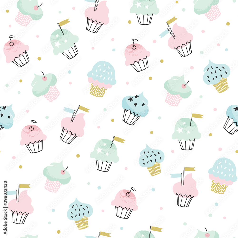 Cupcake vector pattern with confetti sprinkles. Hand drawn cute cupcakes seamless background for party, birthday, greeting cards, gift wrap. Cupcake vector pattern with confetti sprinkles. Hand drawn cute cupcakes seamless background for party, birthday, greeting cards, gift wrap.