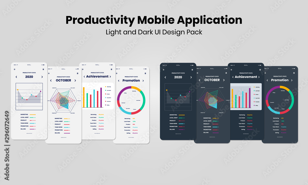 Productivity Mobile Application - Light and Dark UI Design Pack Stock ...
