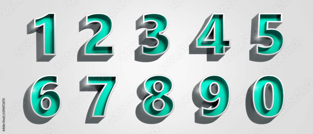 Metallic silver 3D numbers green inside on white isolated background. Rendering of the numbers 1, 2,3, 4, 5, 6, 7, 8, 9, 0 . 3D under view render. Metallic silver 3D numbers green inside on white isolated background. Rendering of the numbers 1, 2,3, 4, 5, 6, 7, 8, 9, 0 . 3D under view render.