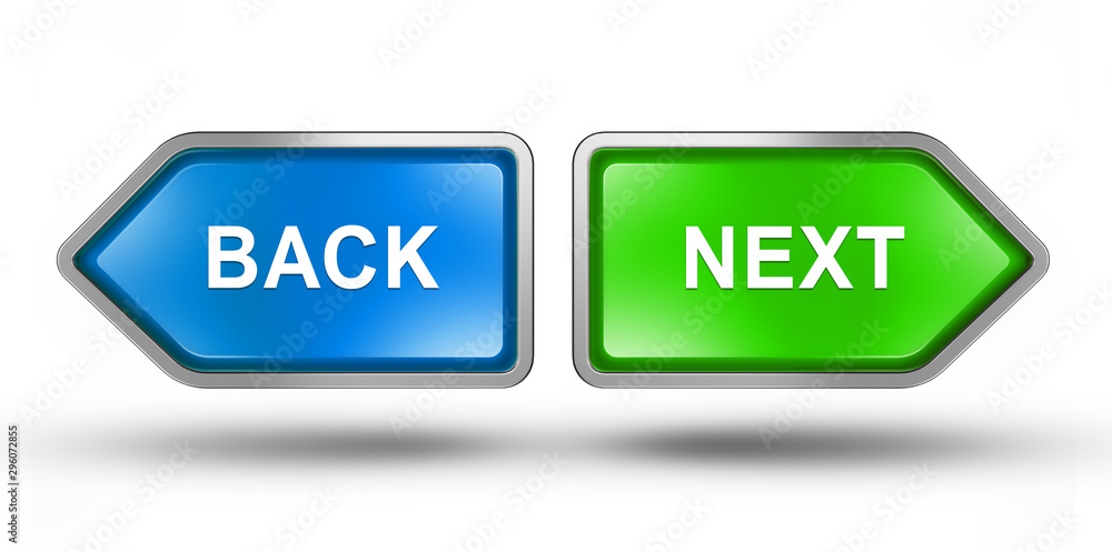 Back and next buttons with blue and green colored, isolated on white background Back and next buttons with blue and green colored, isolated on white background