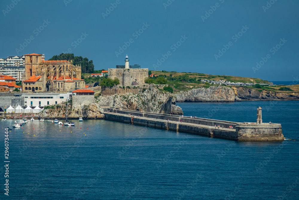Castro Urdiales breakwater and downtown with cathedral