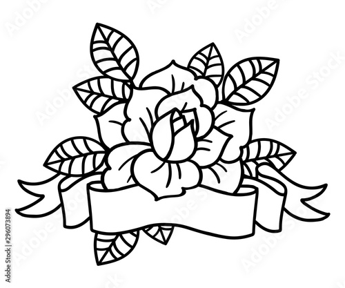 Rose tattoo with ribbon . Vector illustration art. Vintage engraving.