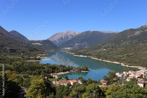 Barrea  Italy - 12 October 2019  Lake Barrea and the mountain village