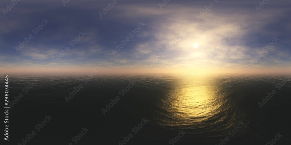 Obraz premium panorama of sea sunset. Environment map. HDRI . equidistant projection. Spherical panorama. landscape. 3d rendering