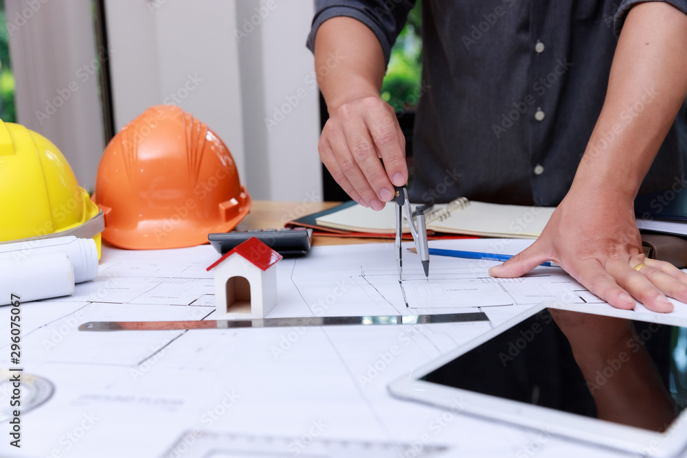Engineer and Architect concept, Engineer Architects and Interior designer office team working with blueprints Engineer and Architect concept, Engineer Architects and Interior designer office team working with blueprints