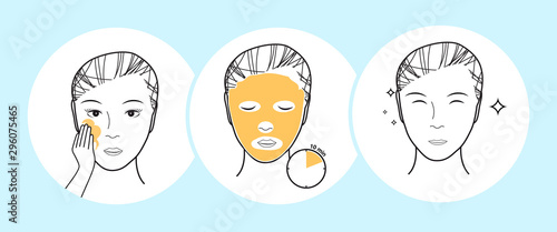 Instructions for the use of facial cosmetic mask. Vector illustration. Ready for use in your design.EPS10.